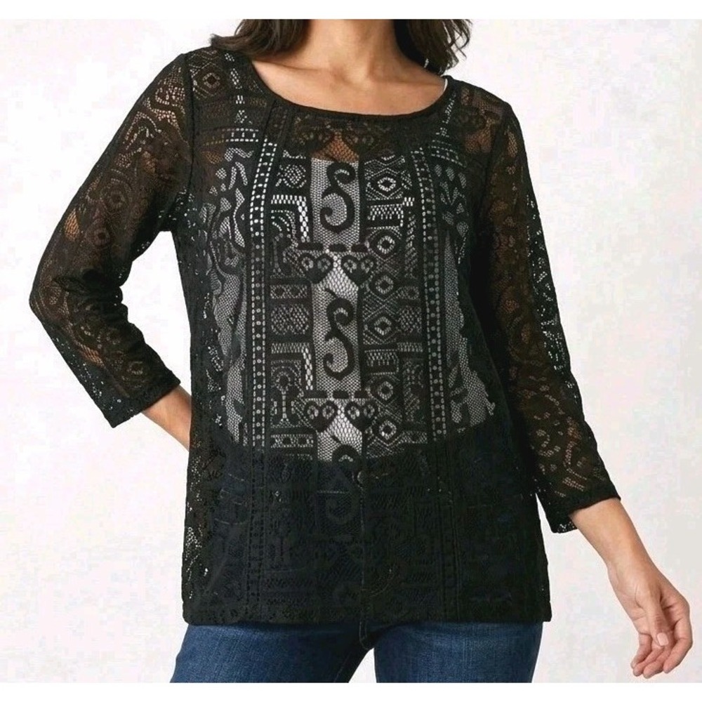 NEW Lucky Brand Knit Mesh Top Womens Size M Black Lace Jersey Cotton Blend NWT